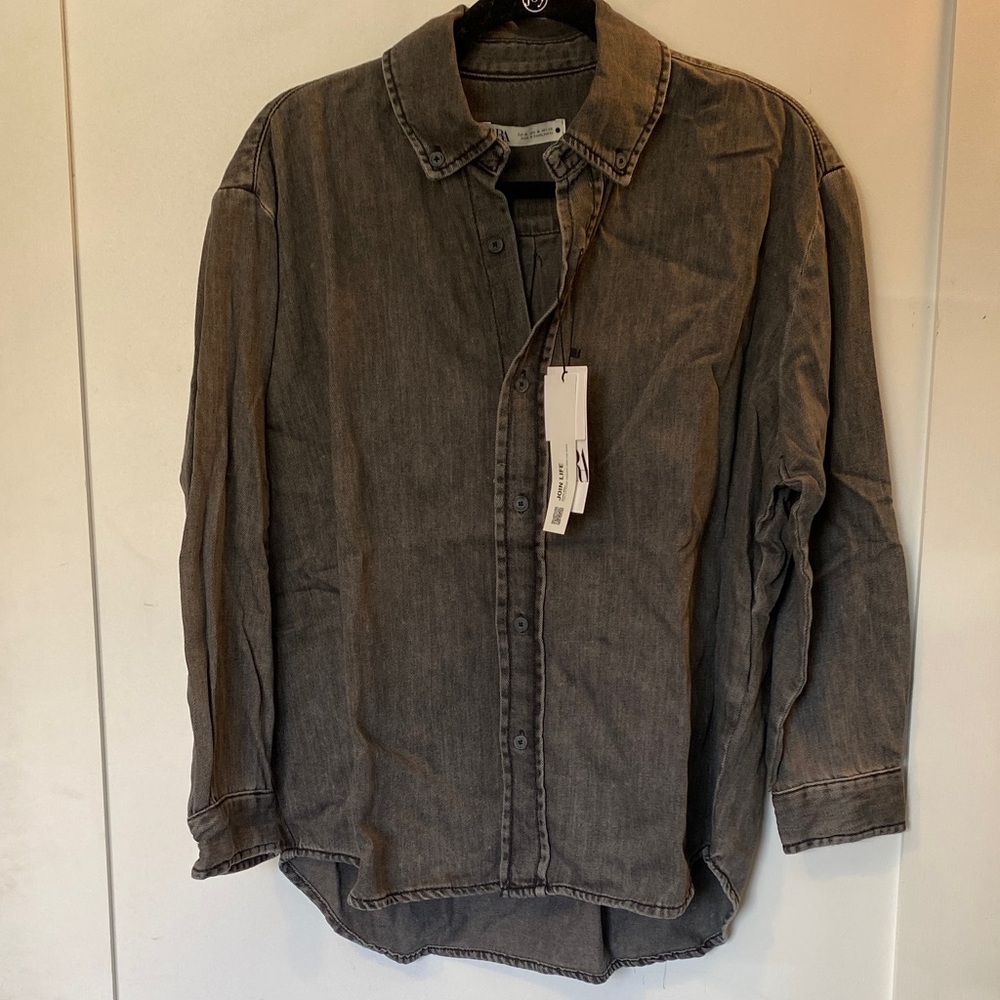Zara Washed Charcoal Gray Button-Down Shirt